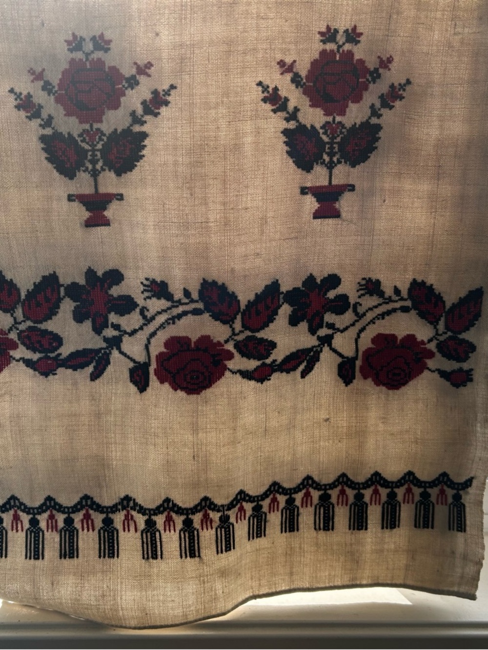 Vintage Cream Linen Runner with Red and Black Floral Hand Embroidered
